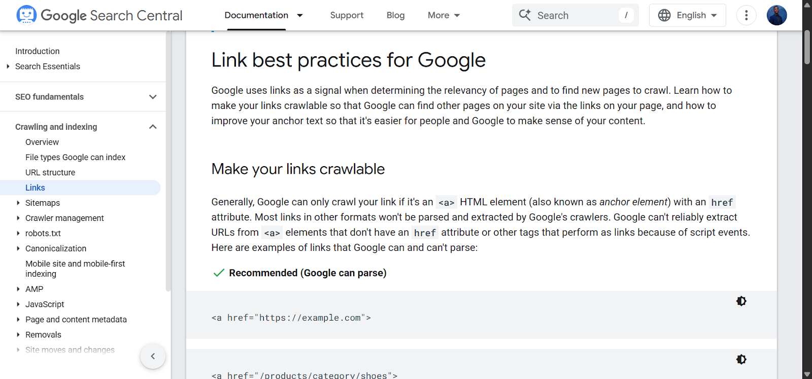 [Screenshot: Google Search Central documentation showing recommendation for text-based internal links for reliable crawling]