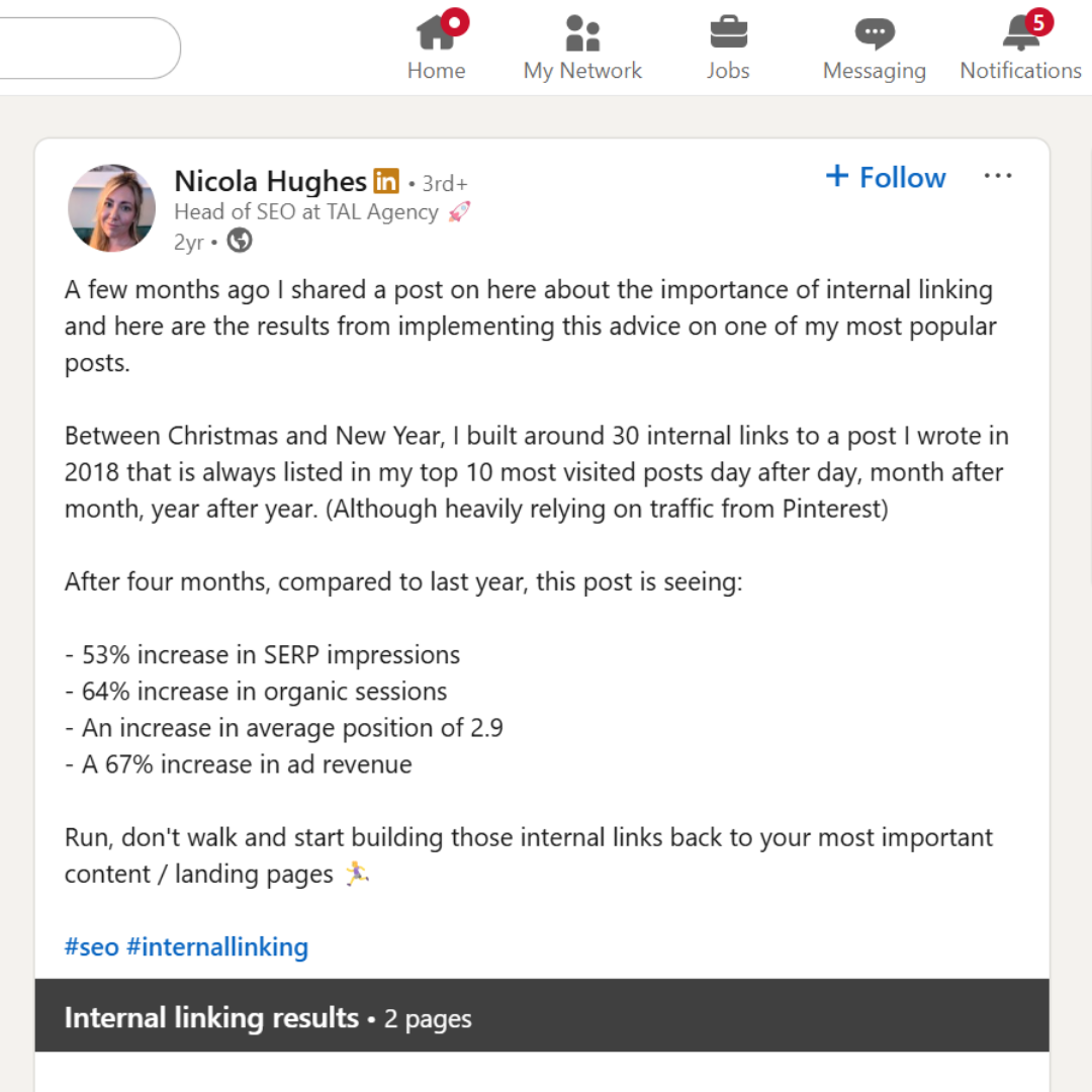 [Screenshot: LinkedIn post from Nicola Hughes showing 53% impression increase and 2.9 position improvement from internal linking]