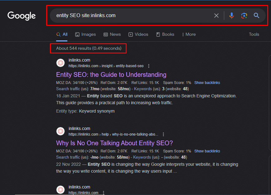 [Screenshot: Google search results showing site search for internal linking opportunities]