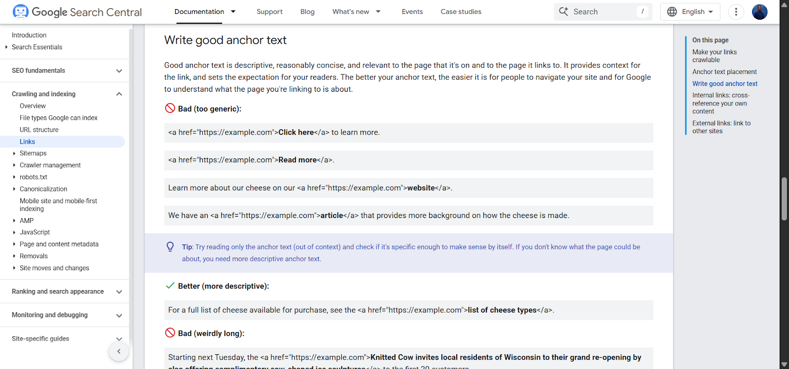 [Screenshot: Google's documentation showing recommendations for descriptive anchor text]