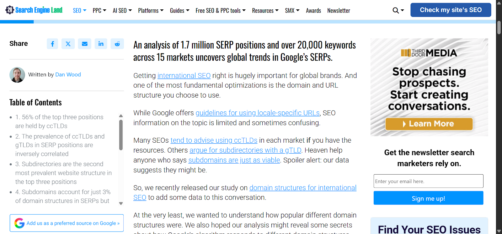 [Screenshot: Search Engine Land case study showing homepage linking changes and ranking improvements]
