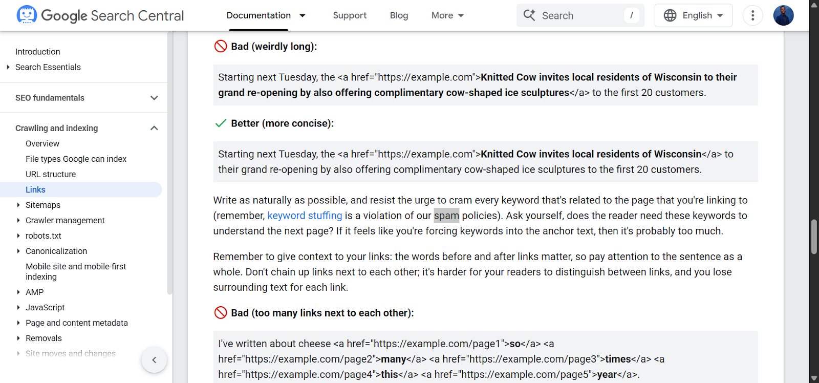 [Screenshot: Google's guidance on natural link placement and avoiding link spam]
