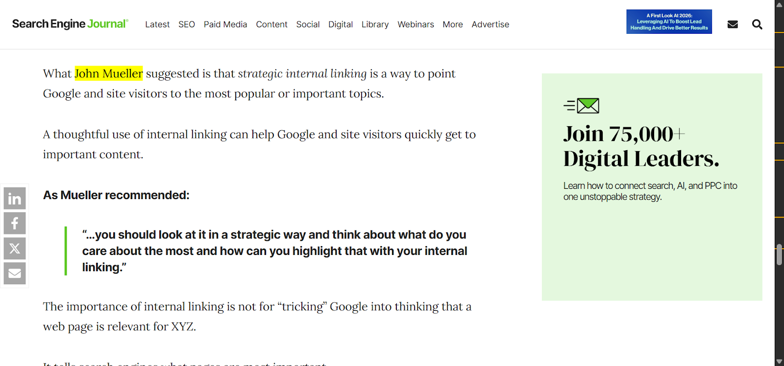[Screenshot: Reference to John Mueller's SEO office hours discussing internal link structure]