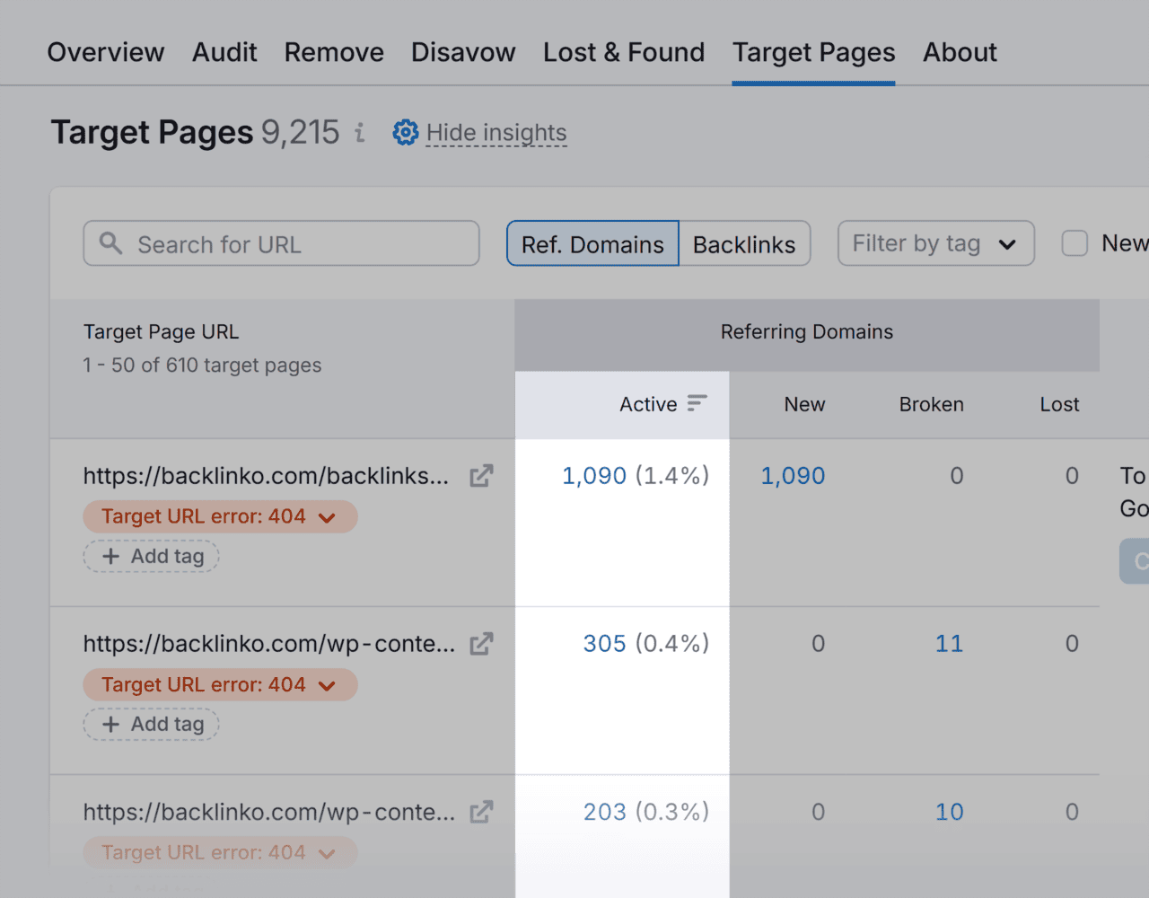 [Screenshot: Screenshot showing broken link audit in SEO tool with 404 errors and redirect chains]
