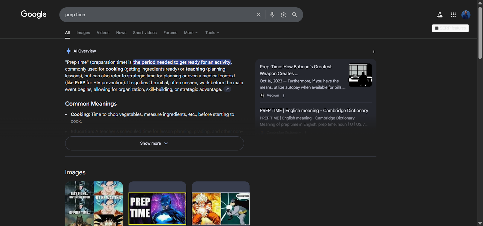 [Screenshot: Google search results showing a recipe rich snippet with star ratings, cook time, and calorie count]