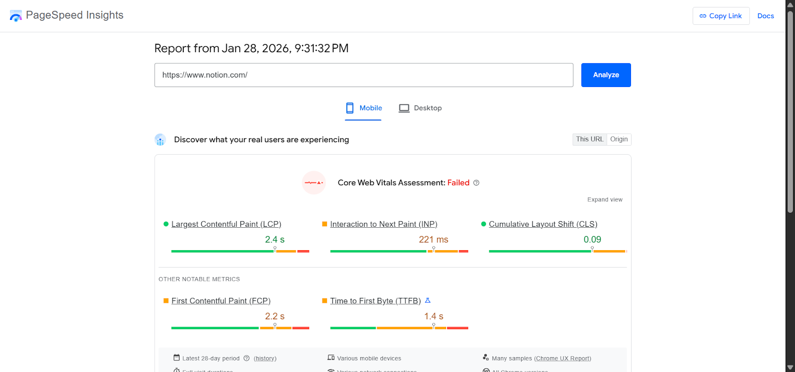 [Screenshot: Google PageSpeed Insights showing Core Web Vitals scores with pass/fail indicators]