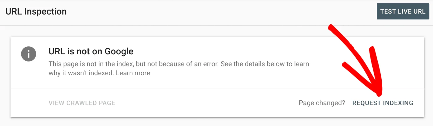 [Screenshot: Google Search Console URL Inspection tool showing indexing status for a specific page]