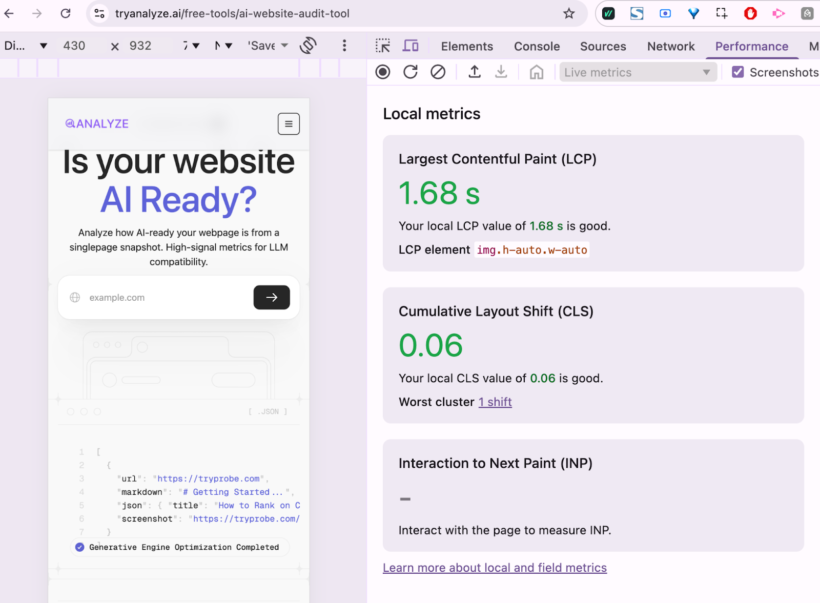 Screenshot: Chrome DevTools Performance tab showing the LCP marker on the timing graph and the corresponding DOM element highlighted
