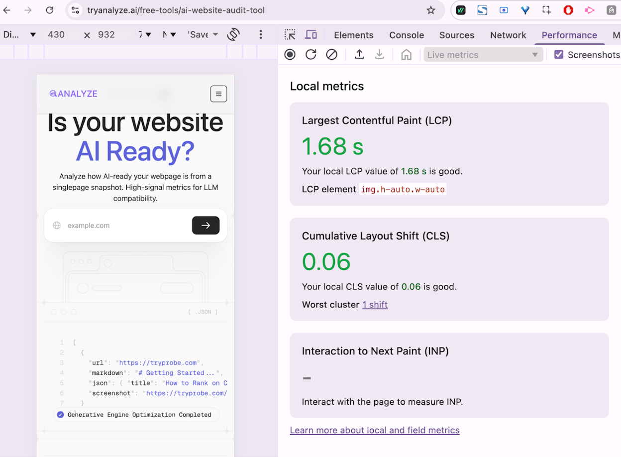 Screenshot: Chrome DevTools Performance tab showing the LCP marker on the timing graph and the corresponding DOM element highlighted