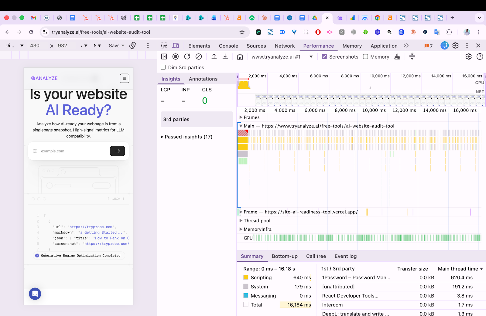 Screenshot: Chrome DevTools Performance tab showing Layout Shift entries in the Experience section