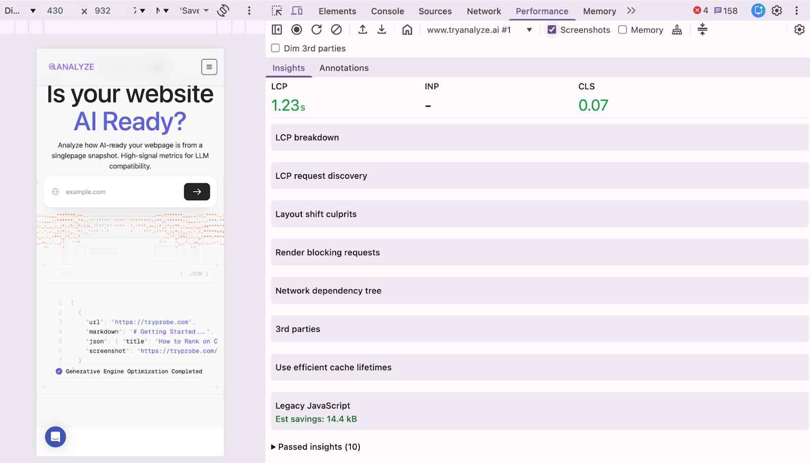 Screenshot: Chrome DevTools Performance tab with a recorded page load showing the LCP marker, layout shift entries, and long tasks