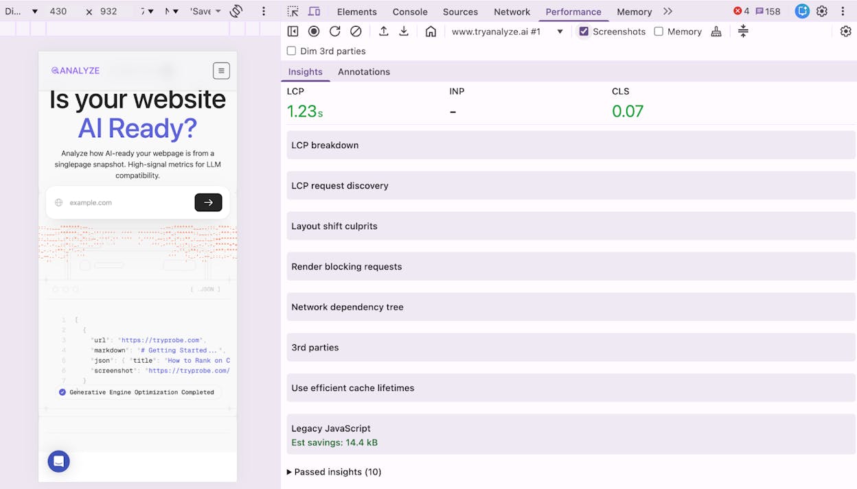 Screenshot: Chrome DevTools Performance tab with a recorded page load showing the LCP marker, layout shift entries, and long tasks