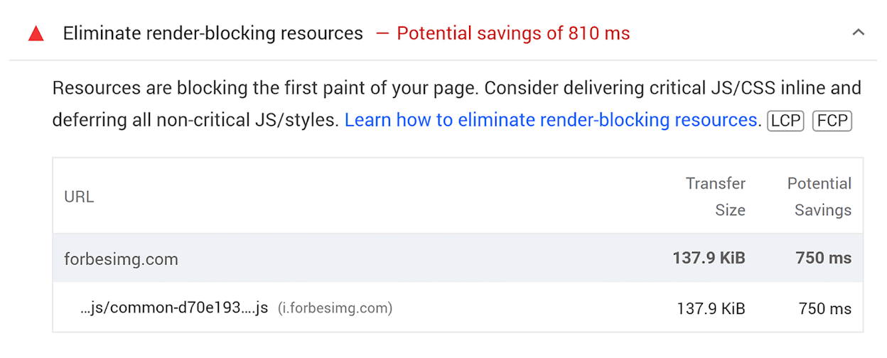 Screenshot: PageSpeed Insights &ldquo;Eliminate render-blocking resources&rdquo; audit showing specific CSS and JS files with potential savings