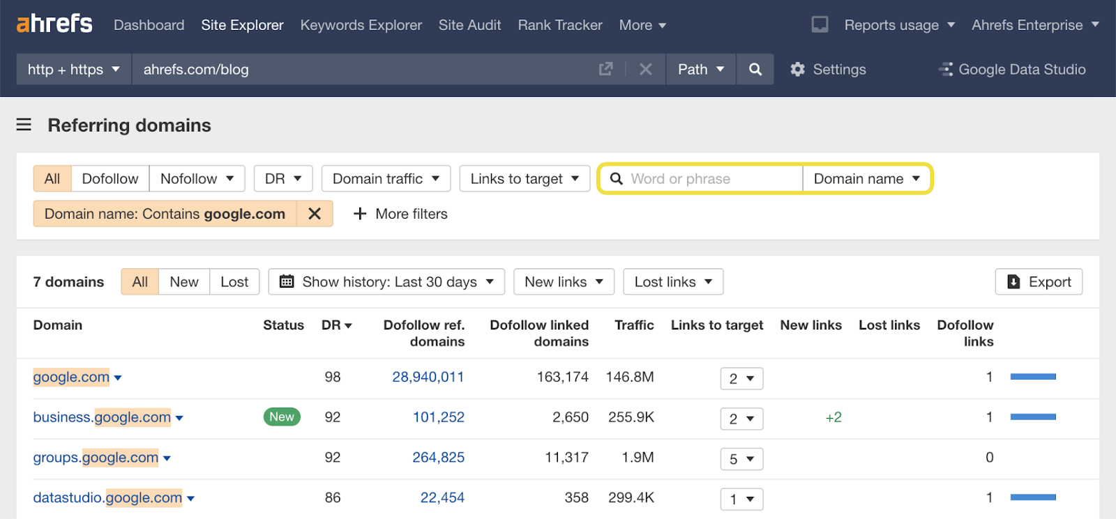 Screenshot: Ahrefs Batch Analysis tool showing DR scores for multiple domains in a spreadsheet view