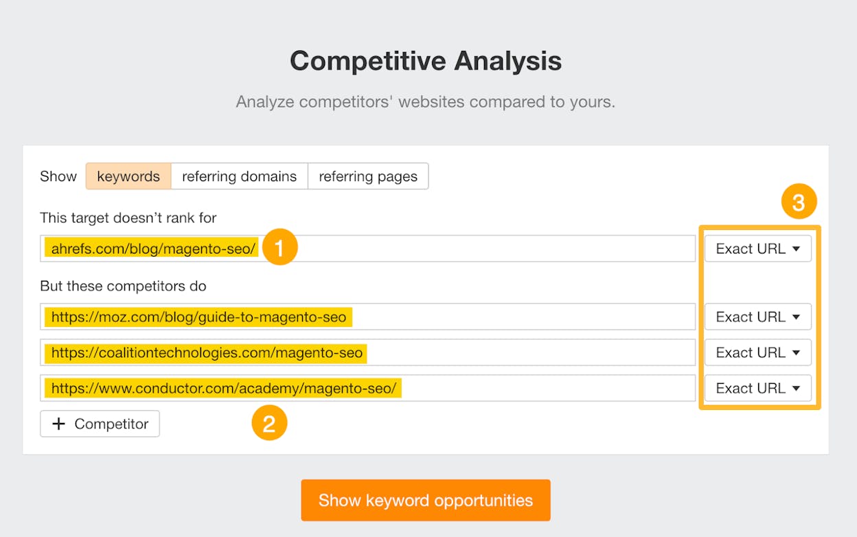 Screenshot: Ahrefs Content Gap tool showing keyword opportunities between two sites with similar DR scores