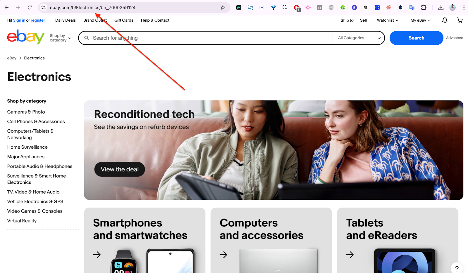 Screenshot: Browser URL bar showing how a faceted URL changes from /monitors/ to /monitors/?brand=hp&resolution=4k after applying filters