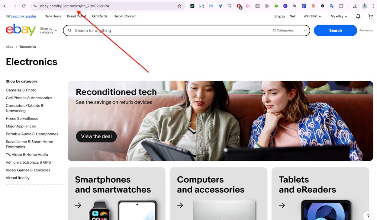 Screenshot: Browser URL bar showing how a faceted URL changes from /monitors/ to /monitors/?brand=hp&resolution=4k after applying filters
