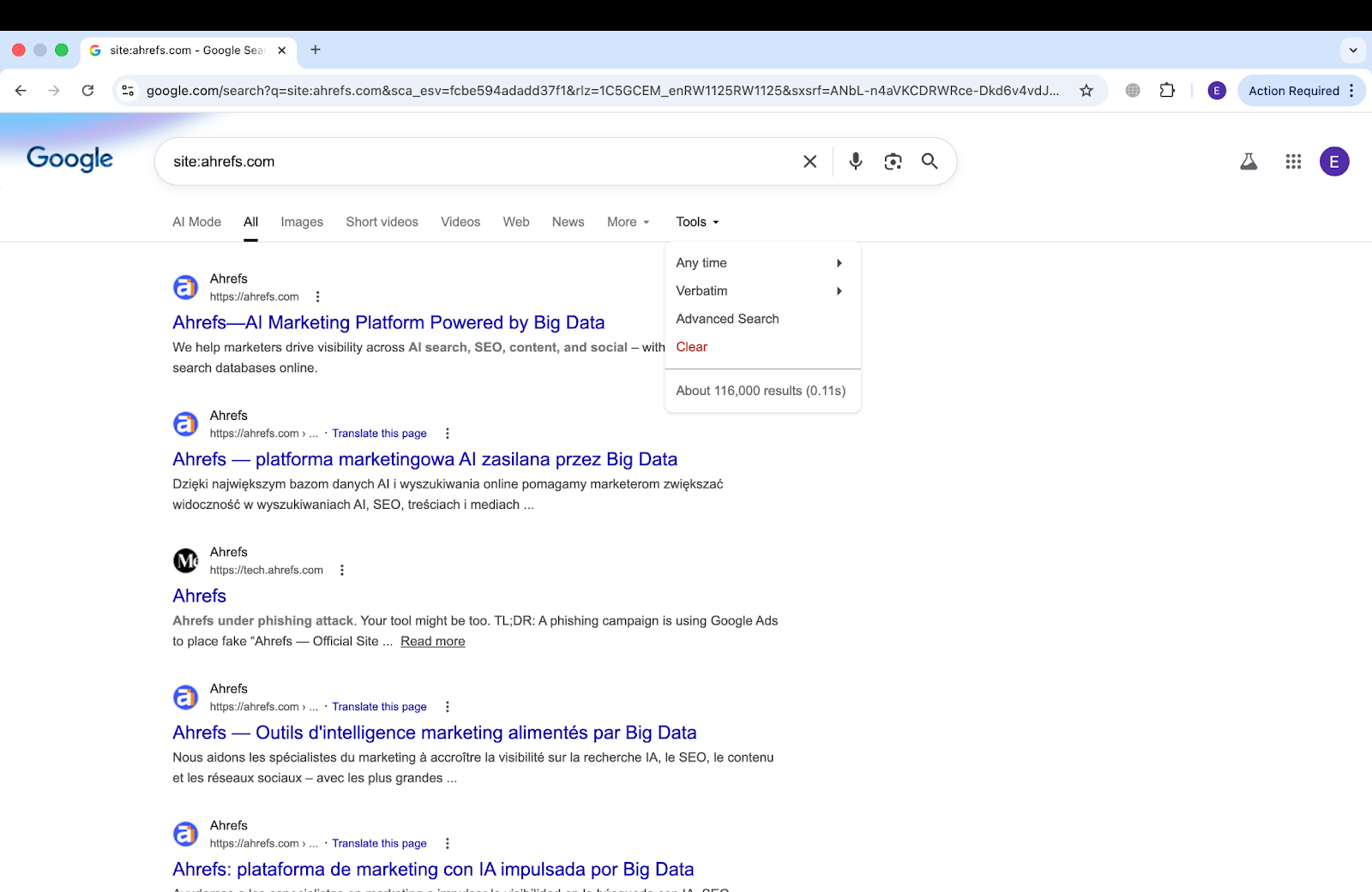 Screenshot: Google search results page showing site:example.com with the estimated number of results highlighted