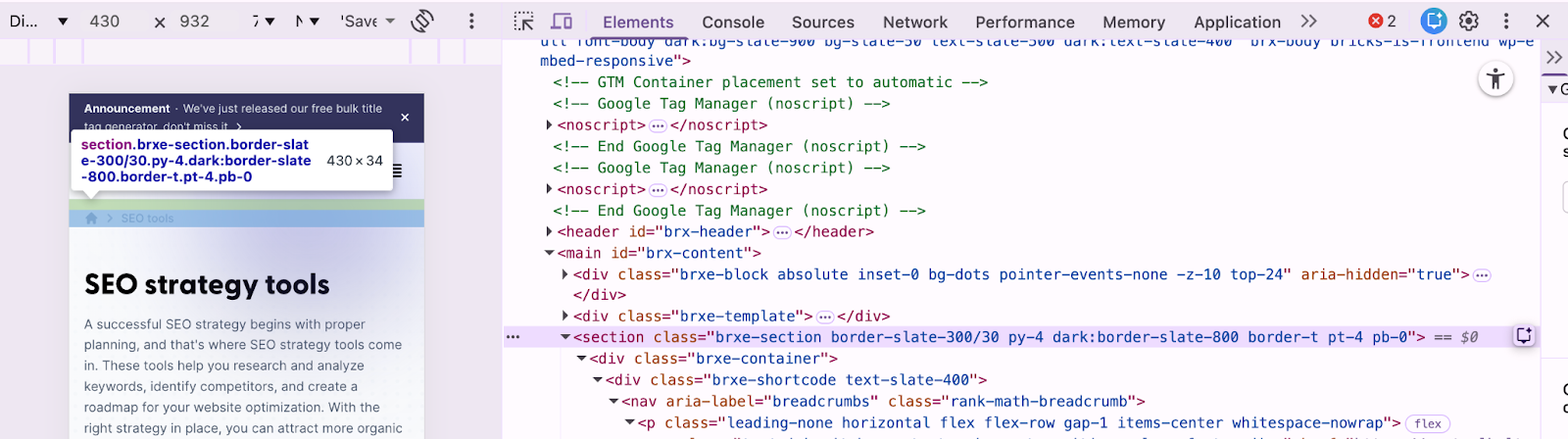 Screenshot: Browser inspector view of a well-implemented faceted navigation showing no  links on the filter elements &mdash; only JavaScript event handlers