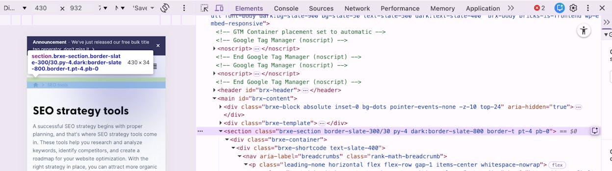 Screenshot: Browser inspector view of a well-implemented faceted navigation showing no  links on the filter elements &mdash; only JavaScript event handlers