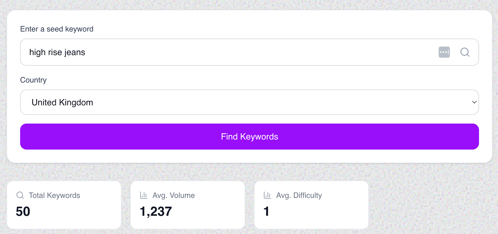Screenshot: Keyword research tool showing the seed keyword &ldquo;high rise jeans&rdquo; entered in the search bar