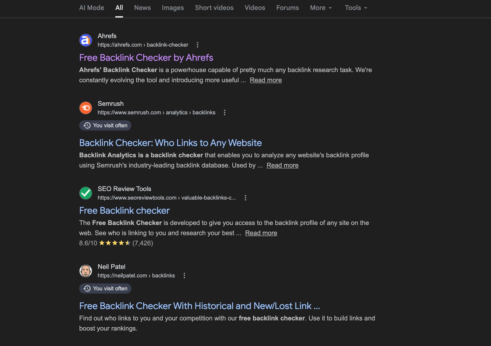 Screenshot: Google SERP for &ldquo;backlink checker&rdquo; showing free tool results dominating the page