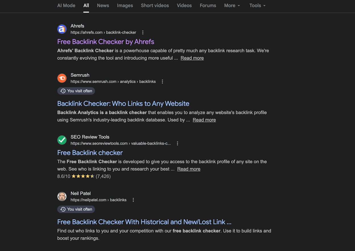 Screenshot: Google SERP for &ldquo;backlink checker&rdquo; showing free tool results dominating the page