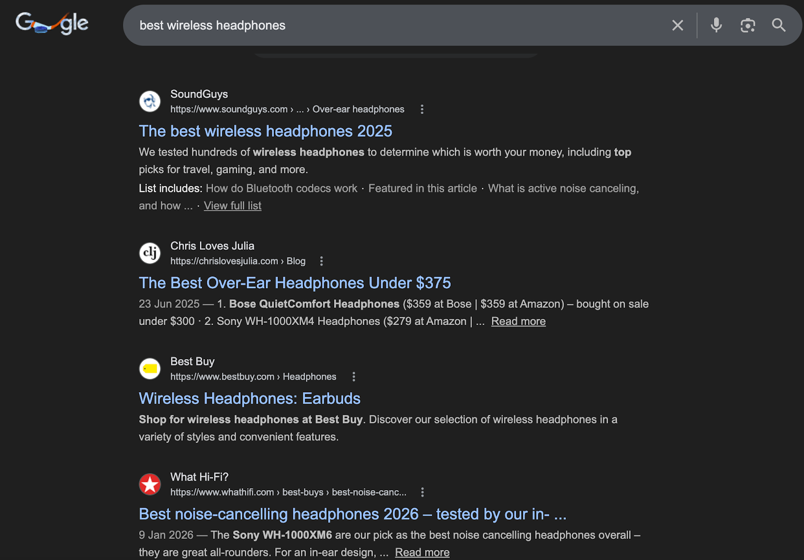 Screenshot: Google SERP for &ldquo;best wireless headphones&rdquo; showing blog post results
