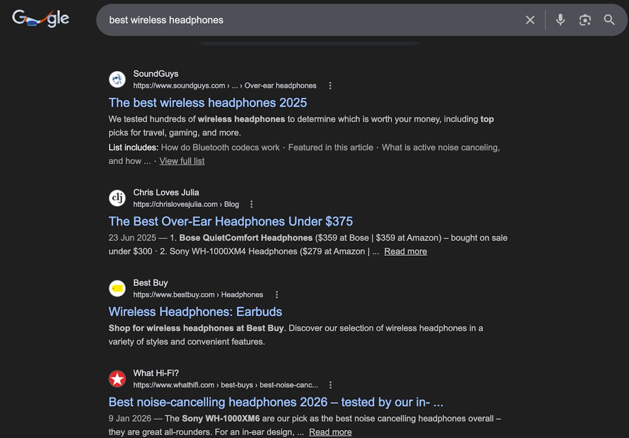 Screenshot: Google SERP for “best wireless headphones” showing blog post results