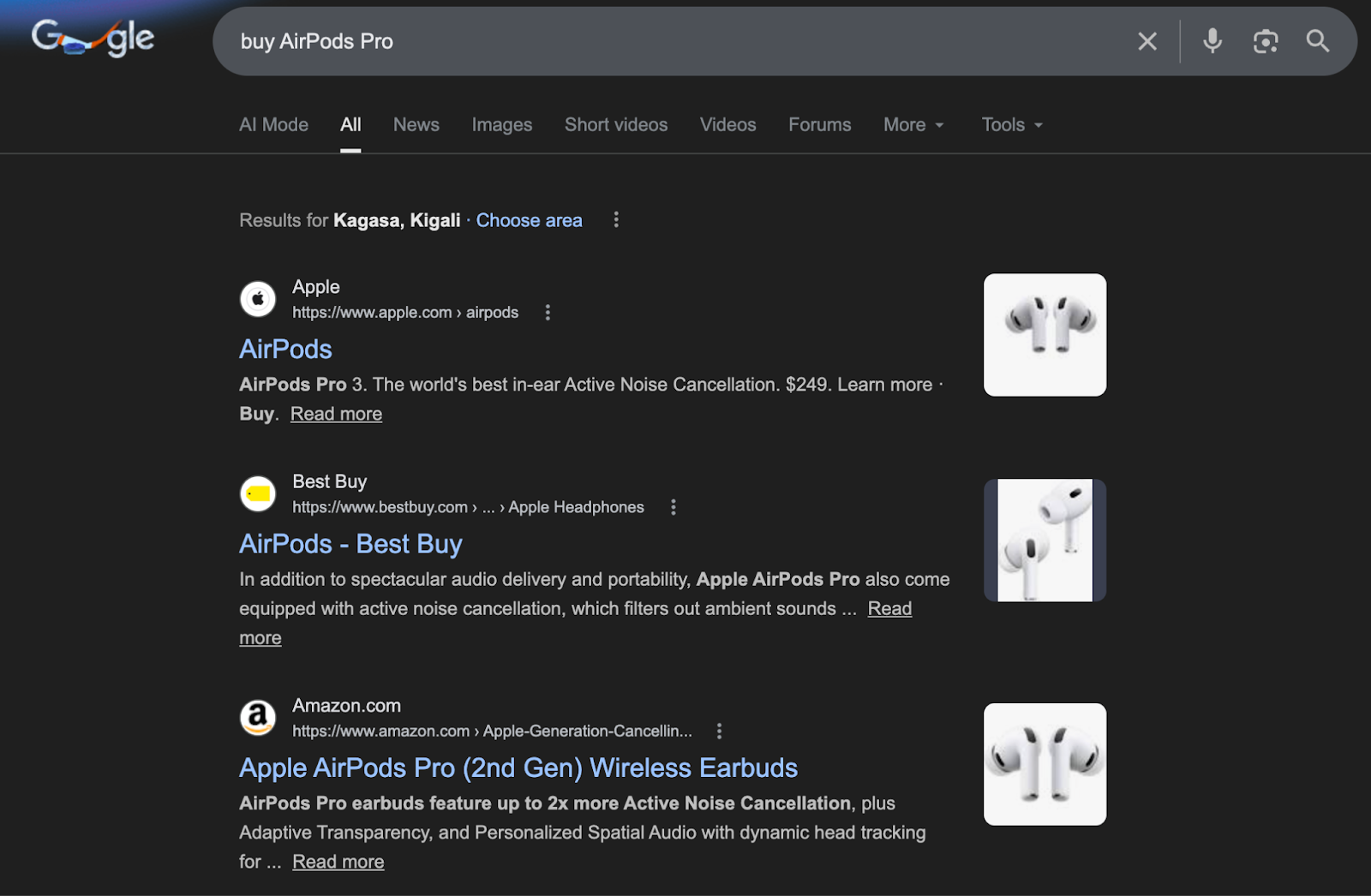 Screenshot: Google SERP for &ldquo;buy AirPods Pro&rdquo; showing product/shopping results