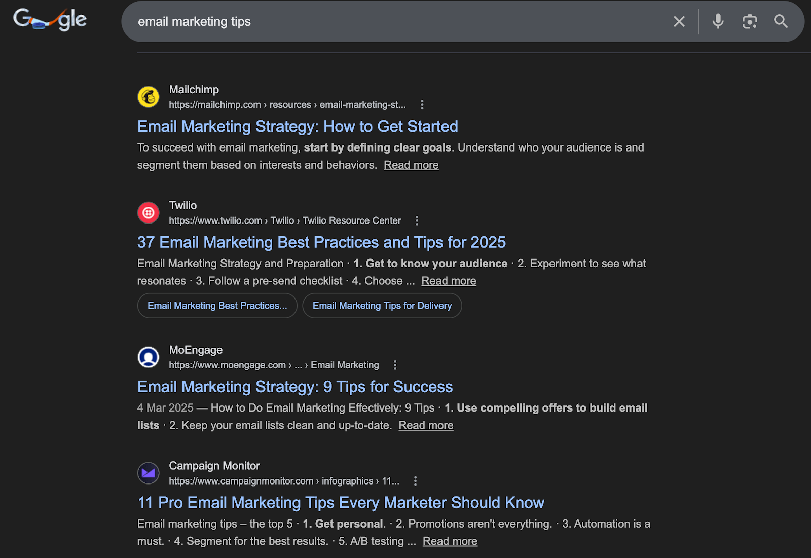 Screenshot: Google SERP for &ldquo;email marketing tips&rdquo; showing listicle format dominance in the titles