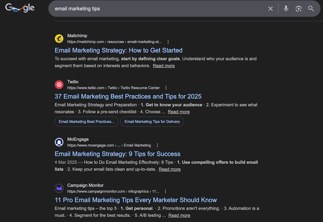 Screenshot: Google SERP for “email marketing tips” showing listicle format dominance in the titles