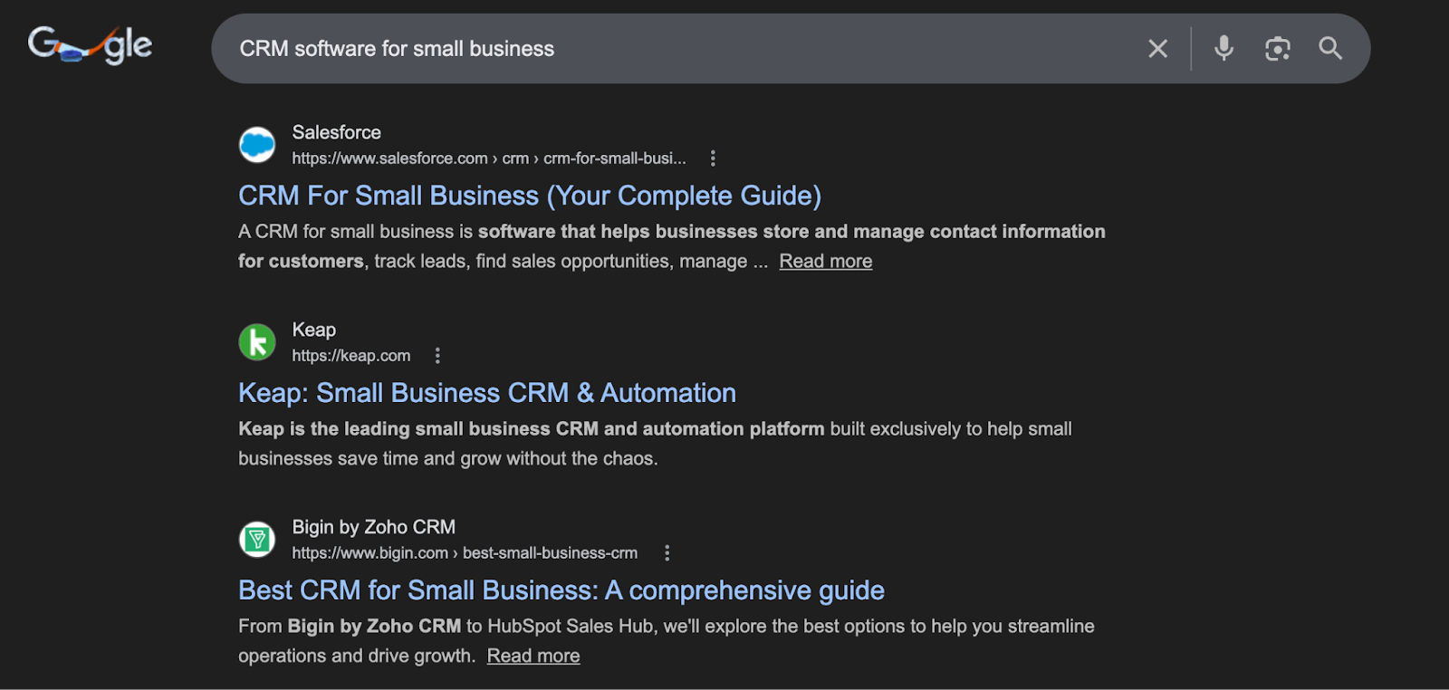 Screenshot: Google SERP for &ldquo;CRM software for small business&rdquo; showing &ldquo;small business&rdquo; angle in titles