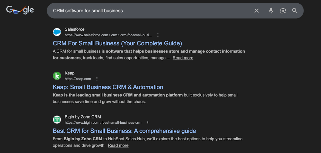 Screenshot: Google SERP for “CRM software for small business” showing “small business” angle in titles
