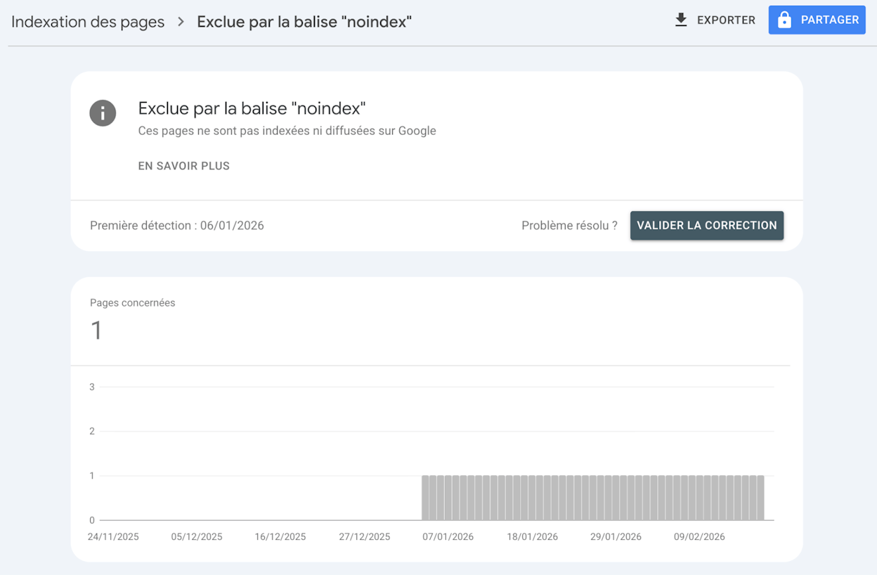 Screenshot: Ahrefs Site Audit Indexability report showing a list of pages with “Noindex page” warnings