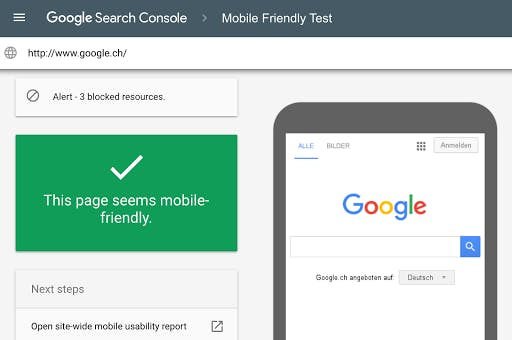 Screenshot: Google Search Console Mobile Usability report showing either errors or “Your site is mobile-friendly” message