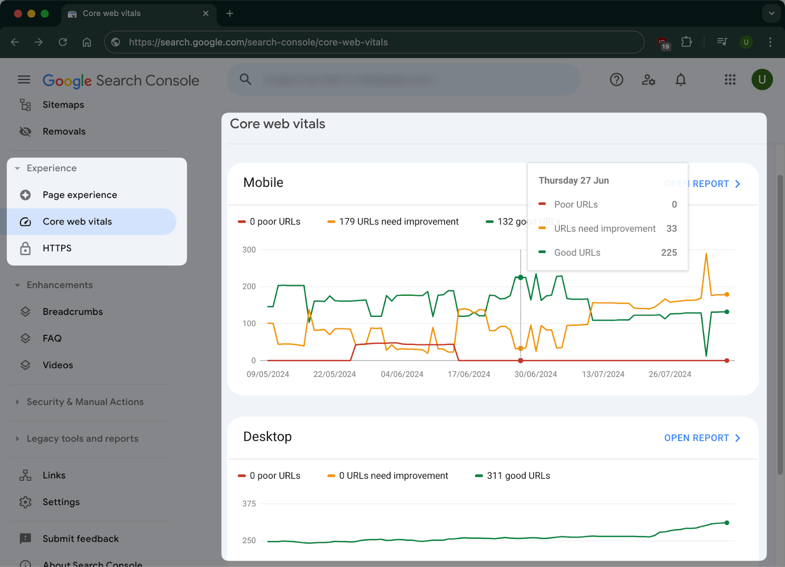 Screenshot: Google Search Console Core Web Vitals report showing mobile and desktop scores with pass/fail counts