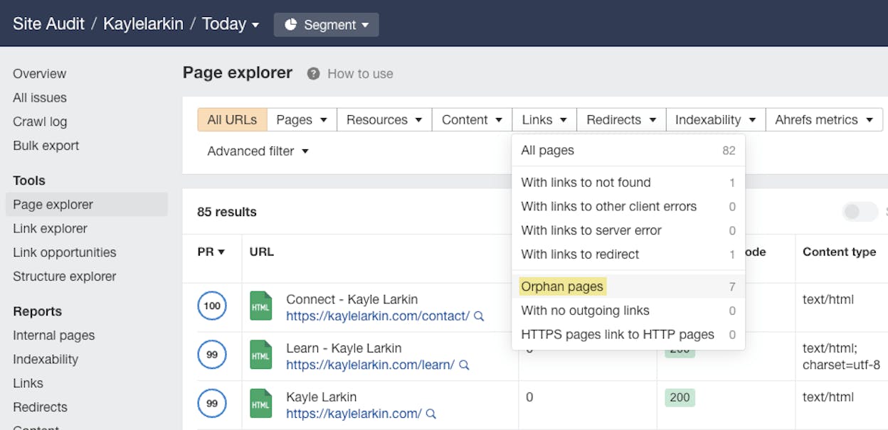 Screenshot: Ahrefs Site Audit Links report showing orphan pages with no incoming internal links