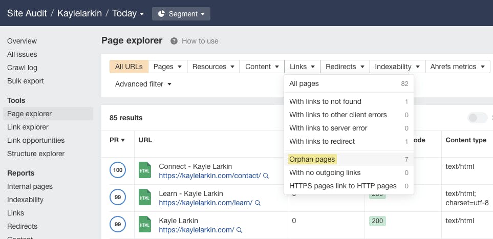 Screenshot: Ahrefs Site Audit Links report showing orphan pages with no incoming internal links