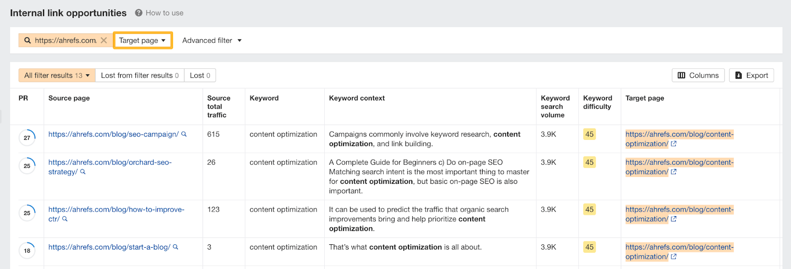 Screenshot: Ahrefs Site Audit Internal Link Opportunities report showing source pages, target pages, and keyword context