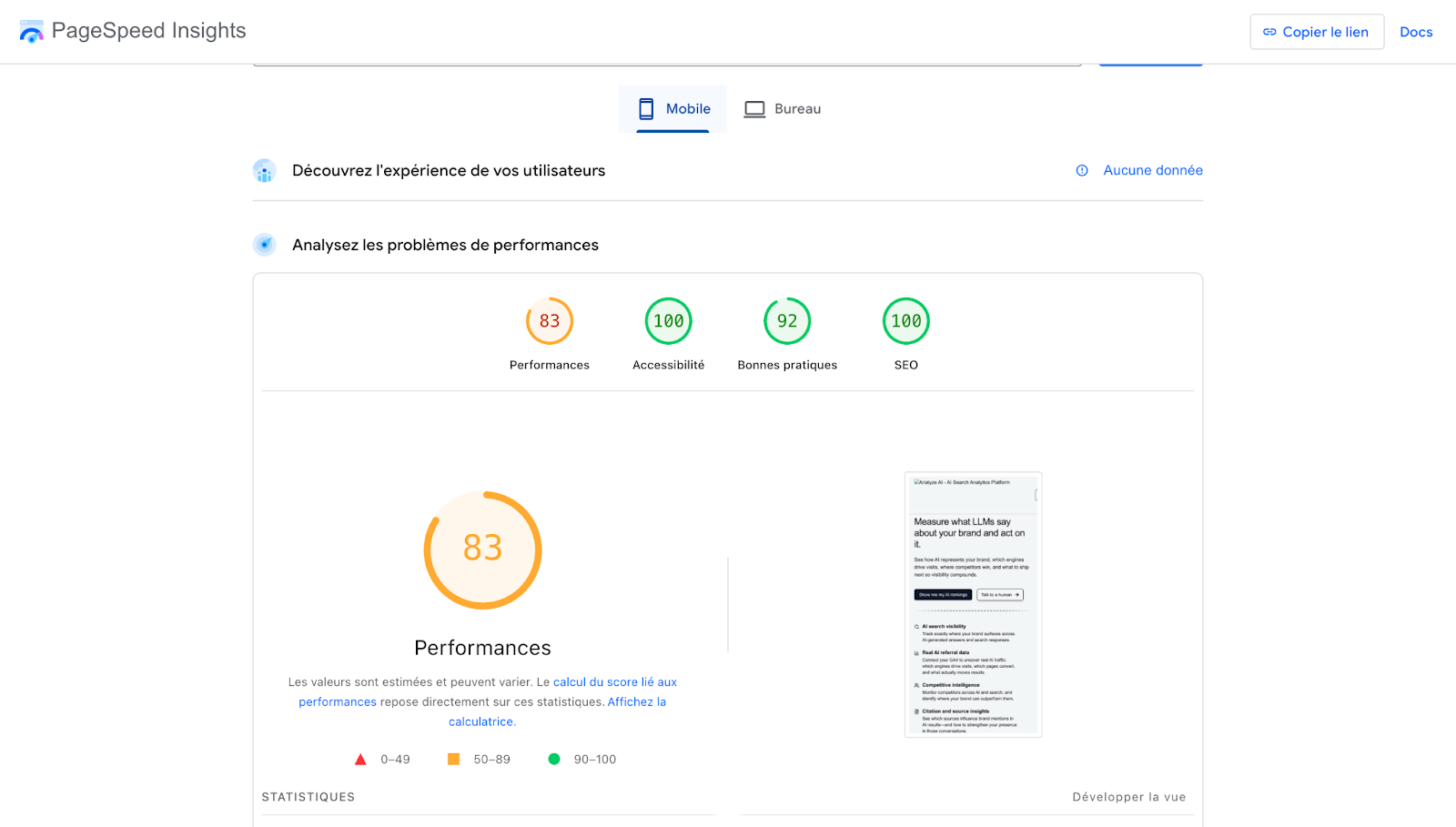 Screenshot: PageSpeed Insights showing a mobile score for a theme demo URL
