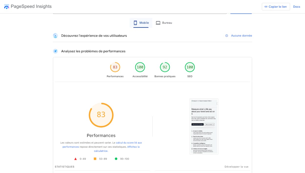 Screenshot: PageSpeed Insights showing a mobile score for a theme demo URL
