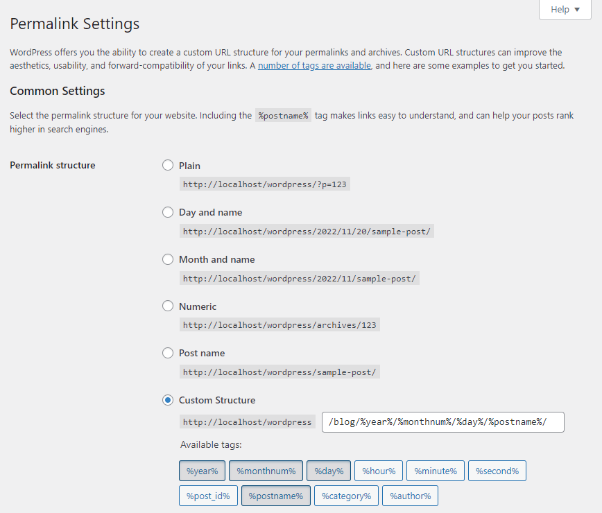 Screenshot: WordPress Permalinks settings page with &ldquo;Post name&rdquo; option selected