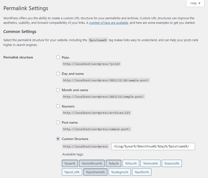 Screenshot: WordPress Permalinks settings page with “Post name” option selected