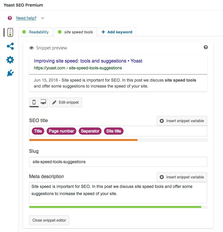 Screenshot: Yoast SEO plugin interface showing meta tag editing fields