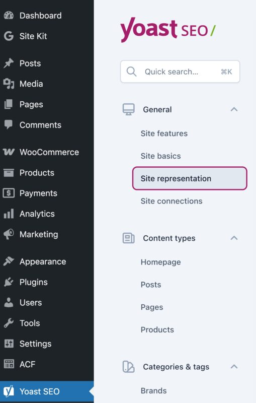 Screenshot: Yoast SEO &ldquo;Site representation&rdquo; settings showing Organization schema fields