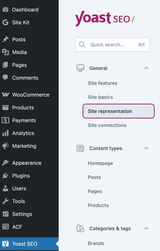 Screenshot: Yoast SEO “Site representation” settings showing Organization schema fields