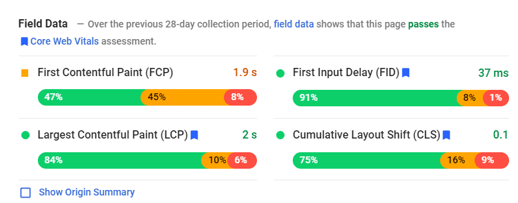 Screenshot: PageSpeed Insights results showing Core Web Vitals scores with green/amber/red indicators