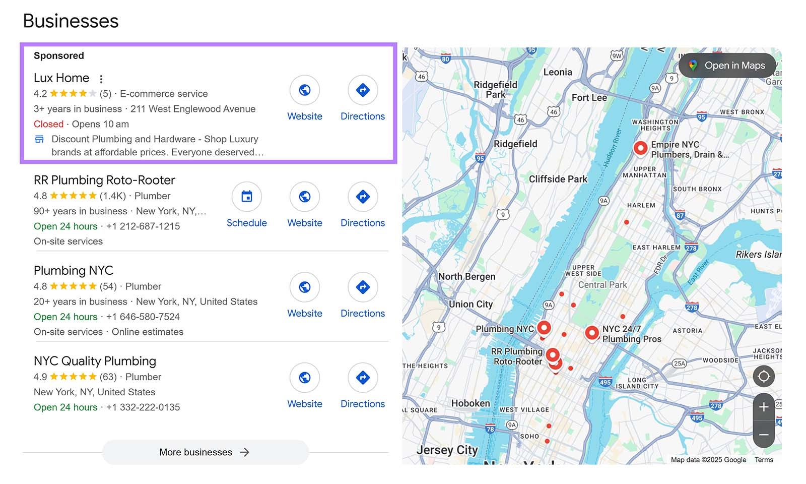 Screenshot: Google local pack showing three businesses with ratings, hours, and directions