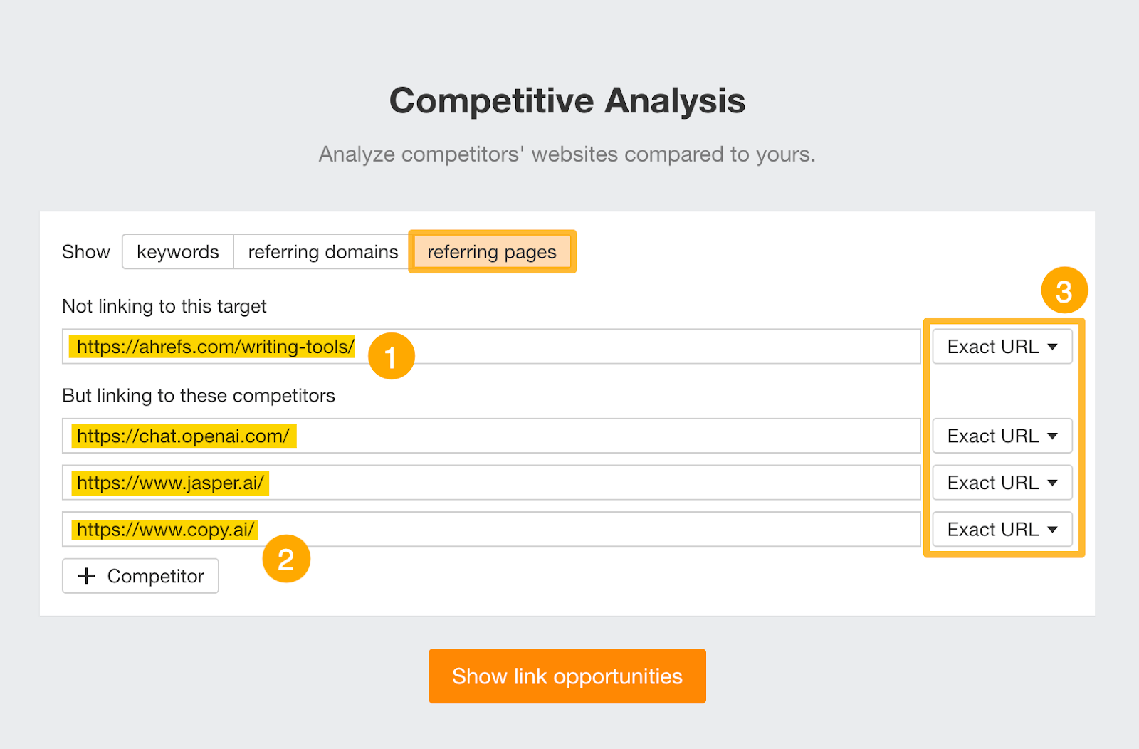 Screenshot: Ahrefs Link Intersect report showing domains that link to competitors but not to your site